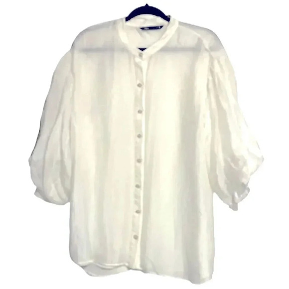 Zara puff sleeved white sheer blouse, pearl & rhinestone buttons, Women’s small - Picture 2 of 14